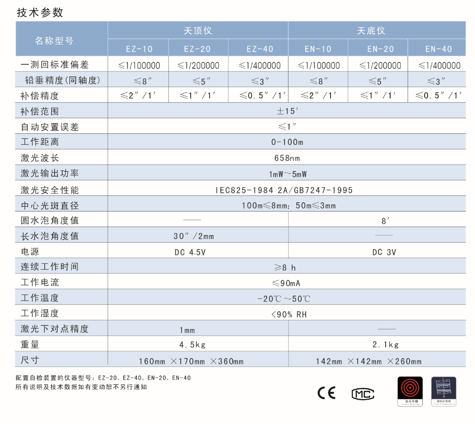 EZ-10、EZ-20、EZ-40激光自動(dòng)安平天頂儀/上垂準(zhǔn)儀技術(shù)參數(shù)